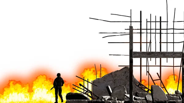 Silueta Soldado Visto Por Detrás Escombros Destrucción Esqueleto Edificio Fuego — Foto de Stock