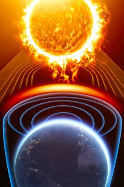 Sun and solar storm, Earth's magnetic field, Earth and solar wind, flow of particles. 3d rendering