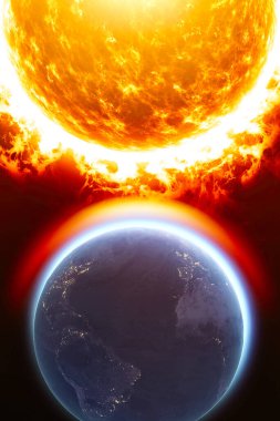 Güneş ve güneş fırtınası, Dünya 'nın manyetik alanı, Dünya ve Güneş rüzgarı, parçacıkların akışı. Artan sıcaklıklar. Küresel ısınma Ozon deliği. 3d oluşturma