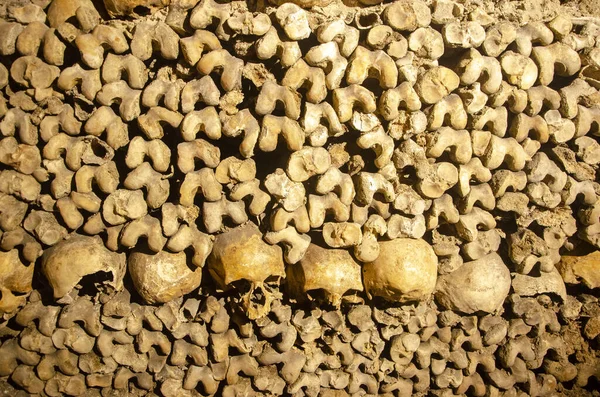 600万人以上の人々の遺骨を保持しているパリの地下納骨堂 頭蓋骨と骨の詳細 フランス — ストック写真