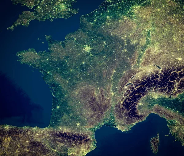 Fransa Haritası Gece Uydu Görüntüsü Harita Aydınlanmış Şehirler Sokaklar — Stok fotoğraf