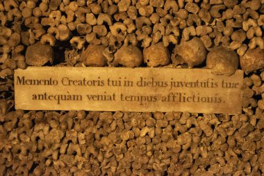 Paris, Fransa: Kurukafalar, kemikler ve Latince yazıtlar Gençlik günlerindeki yaratıcınızı hatırlayın Kötülük zamanı gelmeden önce Paris 'in yeraltı mezarlığına, 285 km uzunluğundaki bir yeraltı taş ocağında 6 milyondan fazla insanın kalıntılarıyla birlikte