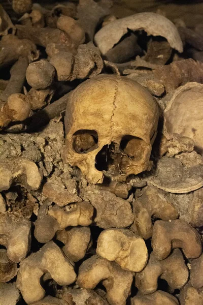 フランス パリのカタコンベの頭蓋骨と骨 600万人以上の遺体を収容する地下採石場の長さ285 Kmの納骨堂 世界最大のネクロポリス — ストック写真