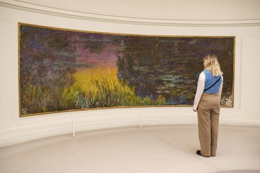 Paris, Fransa, Avrupa: Nymphas 'ın önünde bir ziyaretçi (Su Zambakları), Claude Monet' nin Empresyonist ve post-empresyonist resim müzesinde yaptığı ünlü dekoratif paneller serisi.