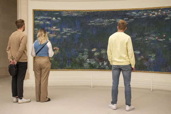 Paris, Fransa, Avrupa: Nymphas 'ın (Su Zambakları) önündeki ziyaretçiler, Claude Monet' nin Empresyonist ve post-empresyonist resim müzesi Orangerie 'deki ünlü dekoratif panelleri.