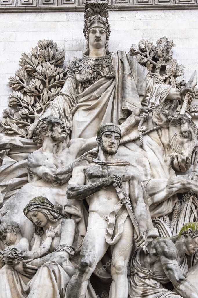 Paris, France, Europe: The Peace of 1815 (La Paix de 1815) by Antoine Etex, one of the four main sculptural groups on each pillars of the Triumphal Arch of the Star (Arc de Triomphe de l'Etoile)