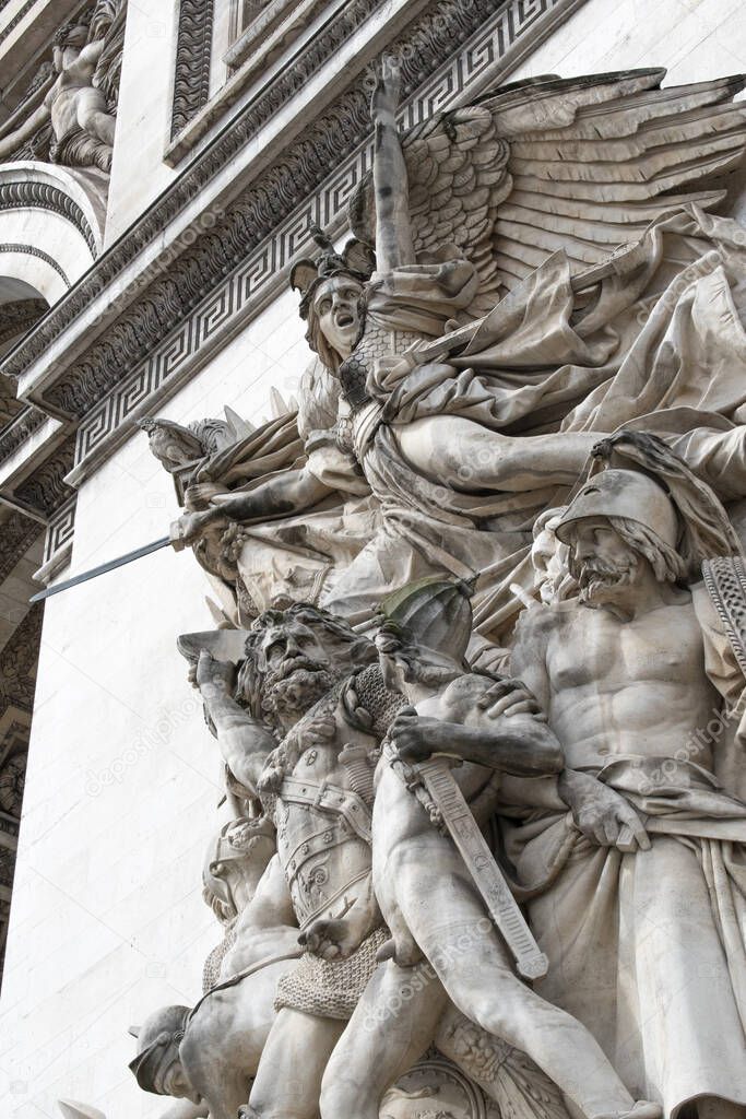 Paris, France, Europe: The Departure of 1792 (or The Marseillaise) by Francois Rude, one of the four main sculptural groups on each pillars of the Triumphal Arch of the Star (Arc de Triomphe)