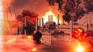 Azovstal steel plant in Mariupol, Ukraine. Smoke and explosion. The plant, where Ukrainian defenders are holding out is one of the largest world-known metallurgical companies. 3d rendering clipart
