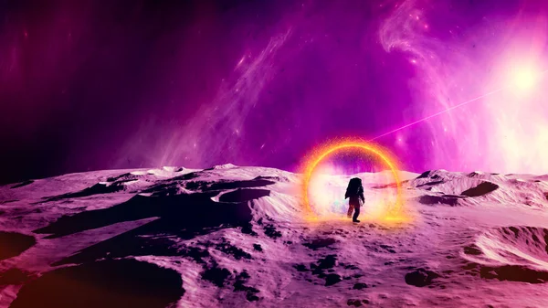 Travel Space Time Time Traveler Enters Portal Unites Two Worlds — Stock Photo, Image