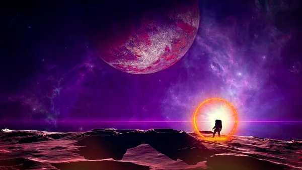 Travel Space Time Time Traveler Enters Portal Unites Two Worlds — Stock Photo, Image