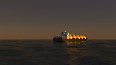 Yüzen yeniden gazlanma tesisi, denizdeki yeniden gazlanma tesisi. Gün batımı. 3D görüntüleme sıvılaştırılmış doğal gaz sıcaklığını atmosfer sıcaklığında tekrar doğal gaza dönüştürme sürecidir.