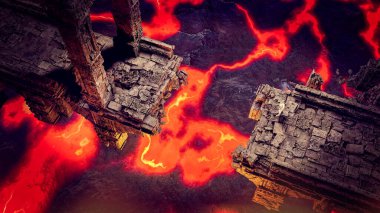 Ancient bridge collapsed over a river of lava. Explorer and archaeologist. Ancient civilizations, secrets and mysteries. Discoveries of buildings from the past. Archeology. Adventure. 3d rendering