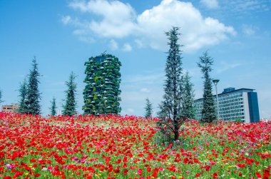 Biblioteca degli Alberi 'den (BAM) görülen Bosco Verticale manzarası, Piazza Gae Aulenti ile Isola ilçesi arasında yer alan park. 05-09-2022. Çiçekli tarlalar. Milan mı? İtalya