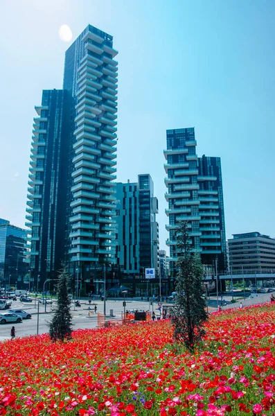Biblioteca degli Alberi 'den (BAM) görülen Solaria Kulesi manzarası, Piazza Gae Aulenti ile Isola ilçesi arasında yer alan park. 05-09-2022. Çiçekli tarlalar. Milan mı? İtalya