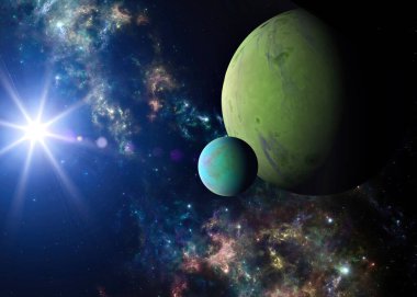 Keşfedilmemiş galaksilerin gezegenleri ve dış gezegenleri. Bilim kurgu. Keşfedilecek yeni dünyalar. Nebula ve galaksilerin kolonileşmesi ve keşfi. Gezegen ve halkalar. 3d oluşturma
