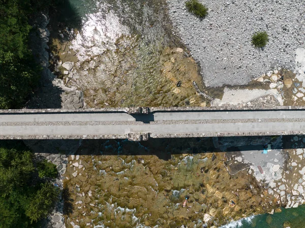Вид Воздуха Засуха Сухие Реки Римский Мост Боббио Через Реку — стоковое фото