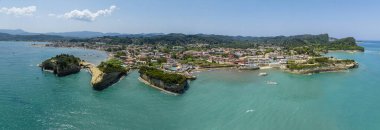 Aerial view of the promontory of Sidari in the northern part of the island of Corfu, Greece. Canal D'Amour cliffs. Bathers on the rocks and in the water