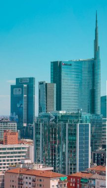 Aerial view of the new center of Milan, skyscrapers around Piazza Gae Aulenti. Palazzo Lombardia. Unicredit tower. Italy. 08-15-2022