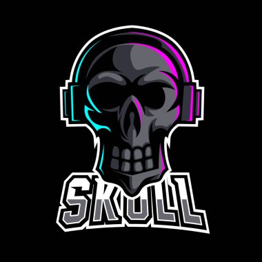Siyah kafatası kulaklığı maskot esport logo şablonu