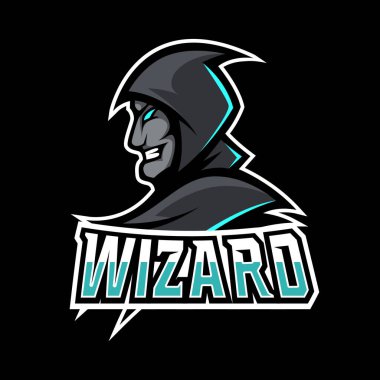 Kızgın Büyücü oyun esport logosu mavi parıltılı siyah üniforma