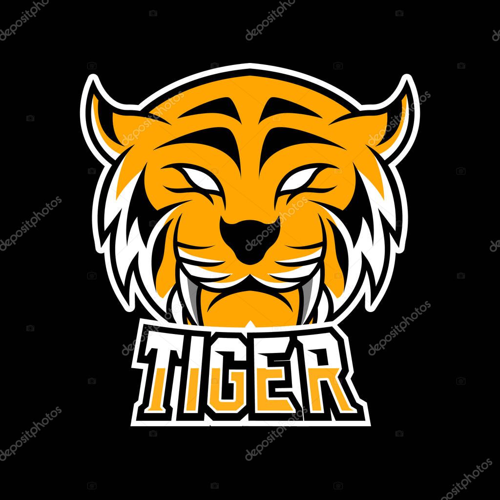 Orange angry tiger mascot sport esport logo template long fangs