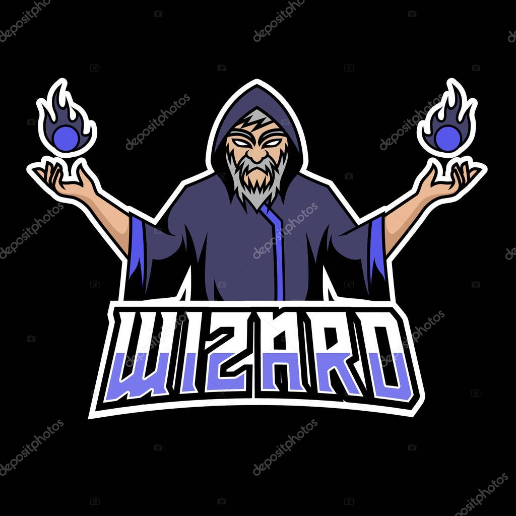 Angry Wizard sport esport logo template black uniform in blue glow