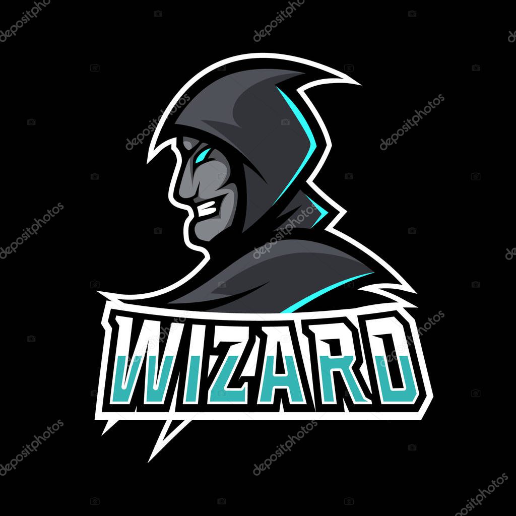 Angry Wizard gaming sport esport logo template black uniform in blue glow