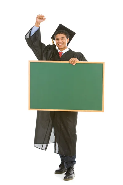 Graduation: Male Graduate Holds Blank Chalkboard — Stock Photo, Image