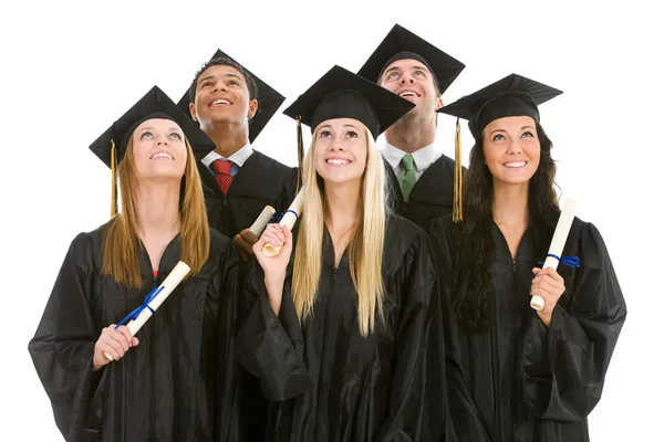 Graduation: Group of Graduates with Diplomas Look Upwards Royalty Free Stock Images