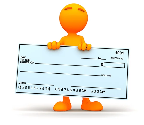 3d Guy: Holding a Giant Blank Check — Stock Photo, Image