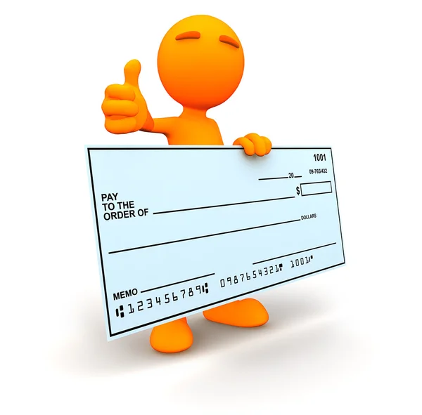 3d Guy: Thumbs Up with Blank Check — Stock Photo, Image