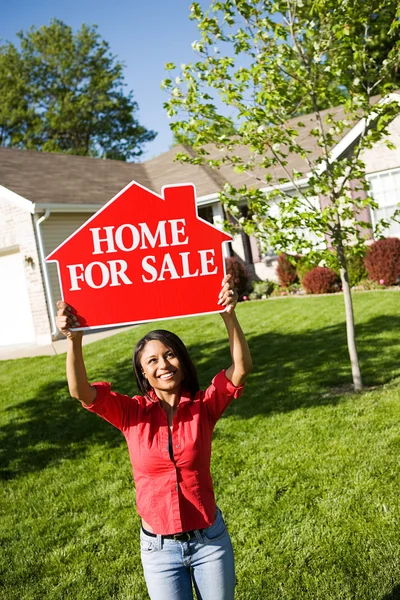 Home: Woman Holds Up For Sale Sign — Stock Photo, Image