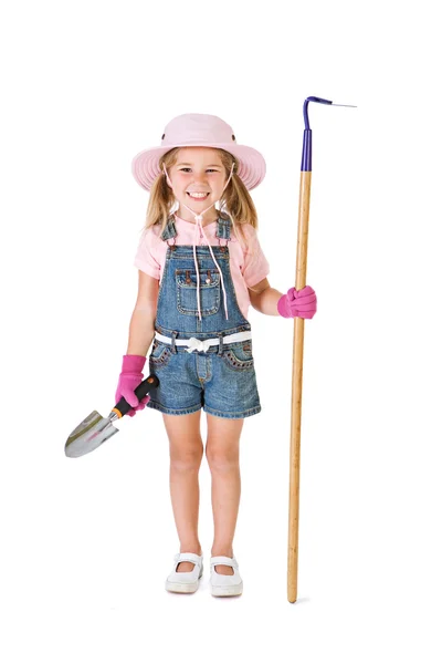 Κηπουρός: Κορίτσι έτοιμο στον κήπο με εργαλεία — Φωτογραφία Αρχείου