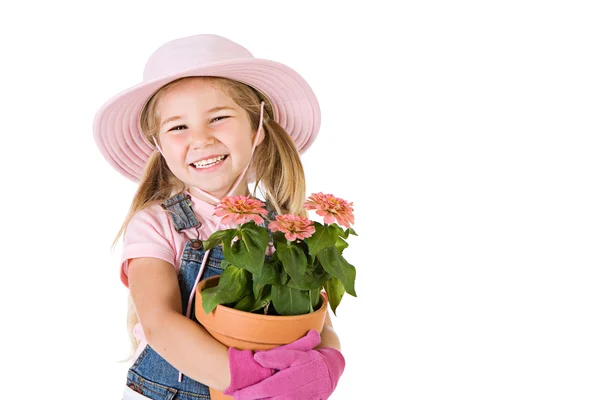 Jardineiro: Bonito menina segurando vaso planta — Fotografia de Stock