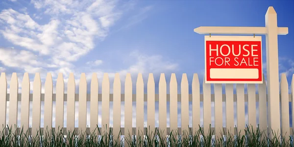 3D: hek met huis te koop Sign — Stockfoto