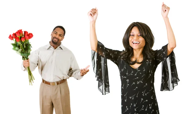 Couple: Man Brings Flowers for Woman — Stock Photo, Image