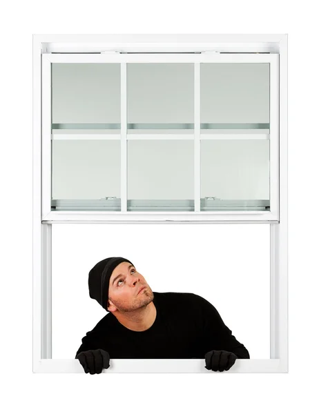 Burglar: Looking Up While Entering Window — Stock Photo, Image