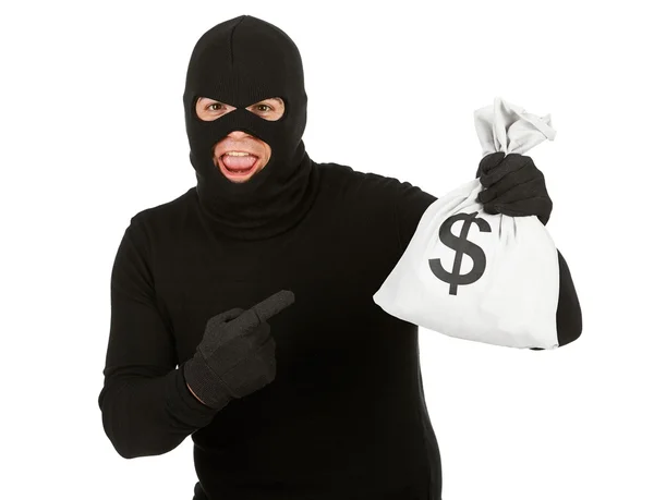 Cambrioleur : Un voleur pointe son sac d'argent — Photo