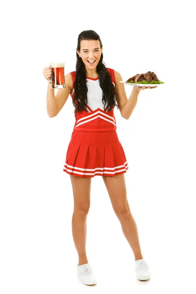 Cheerleaderka: Trzymając żeber i piwo — Zdjęcie stockowe