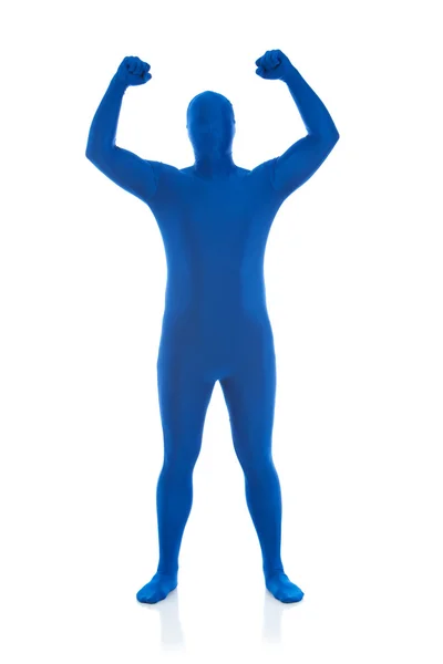 Blue: Man Cheers with Hands Raised — Stock Photo, Image