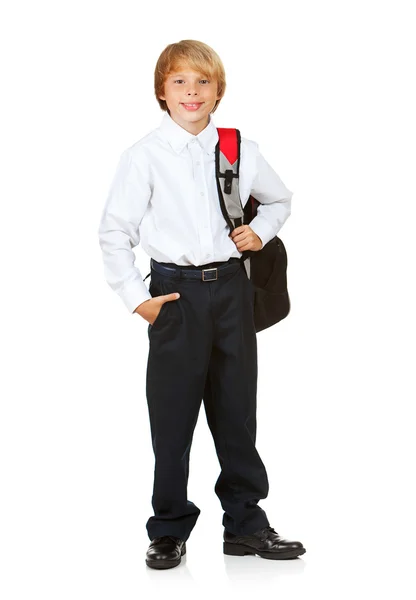 Student: Pojke med ryggsäck och handen i fickan — Stockfoto