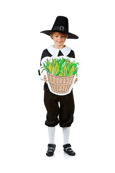 Ringraziamento: Pilgrim Looking at Corn in Basket — Foto Stock