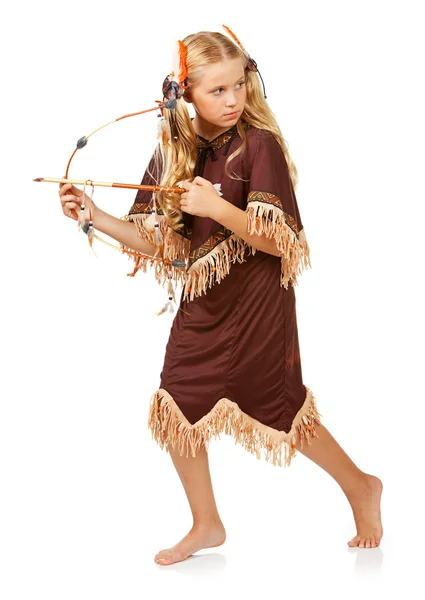 Thanksgiving: Indian Girl Hunting with Bow and Arrow Stock Image
