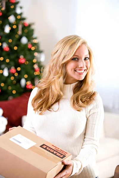 Kerstmis: vrouw met verzenddoos — Stockfoto