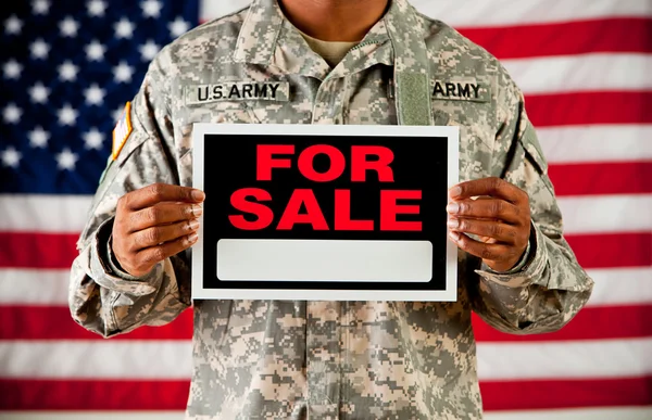 Soldier: Holding Blank For Sale Sign — Stock Photo, Image