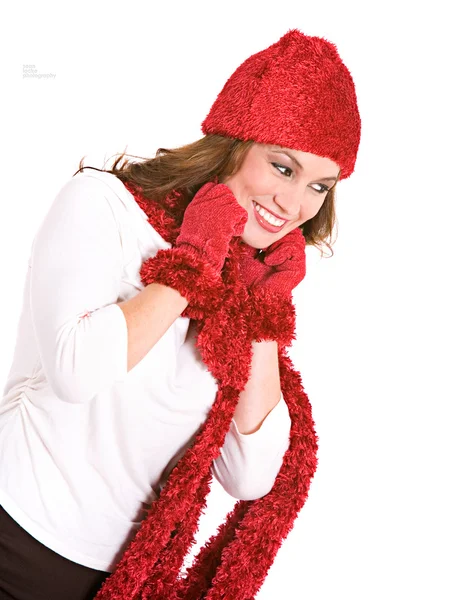 Vinter: kvinna med handskar på händerna nära ansikte — Stockfoto