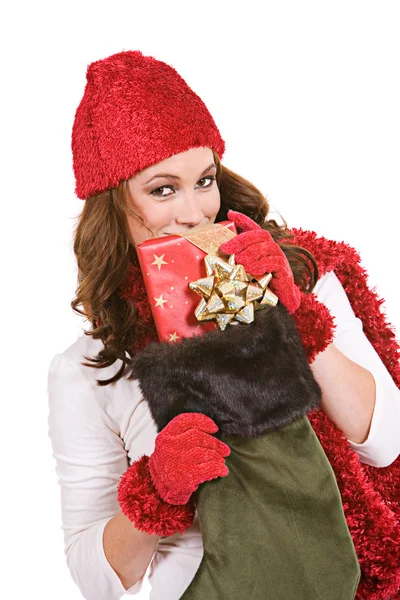 Christmas: Peeking Over Christmas Stocking — Stock Photo, Image