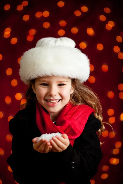 Christmas: Winter Girl Holding Handful of Snow — Stock Photo, Image
