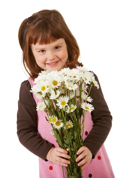 Balloons: Little Girl with Daisy Bouquet — Stock Photo, Image