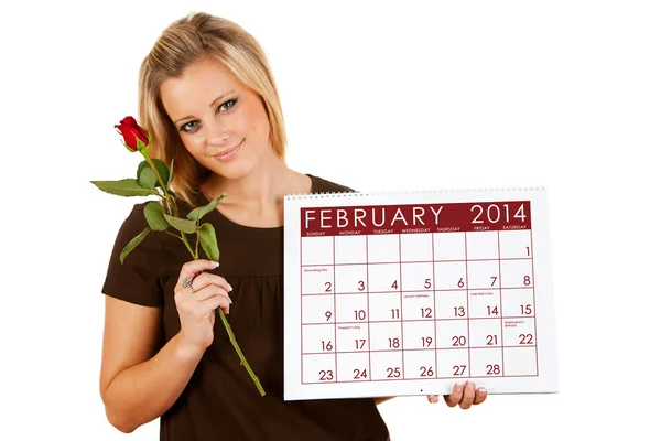 2014 Calendar: Holding a February Valentine Rose — Stock Photo, Image